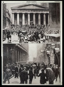 Överst: Svarta dagar på Wall Street; Nederst: Börsen i London vid tiden för kraschen 1929, ur "Pesti Naplo av Unknown photographer