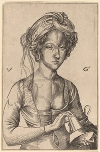 En bystfigur av en dåraktig jungfru som håller i sin inverterade lampa av Urs Graf I after Martin Schongauer