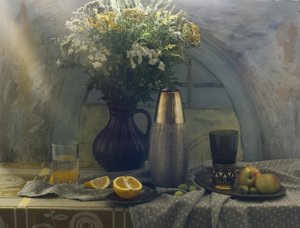 Vildblommor och färsk frukt