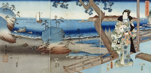 Prins Genji tittar på Suma Beach (triptyk) av Utagawa  Hiroshige and Kunisada
