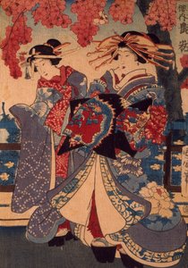To kvinder i en blomsterhave, af Utagawa Kunisada, træsnit, crepon-teknikker
