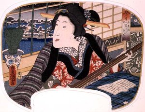 Winter, Shinobazu Pond; En geisha som övar en ballad, design för en fläkt från en serie på fyra som illustrerar årstiderna av Utagawa Kunisada