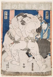 Kamp av sumobrottare. Tryck av Utagawa Kunisada (1786-1865) - Sumobrottare i aktion, av Kunisada (Toyokuni III), Utagawa (1786-1865). Färg träsnitt. Mått: 37,5x26 cm. Privat samling av Utagawa Kunisada