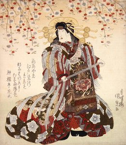 Iwai Kumesaburo II som Agemaki i Sukeroku yukari no Edo zakura c.1830 (färgat träsnitt) av Utagawa Kunisada