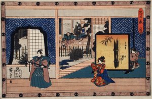 Akt II: Konami tar emot Rikiya medan hennes mor ser på; Honzō håller en tallgren efter att ha skurit av den med Wakasanosukes svärd av Utagawa Hiroshige