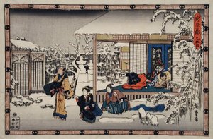 Akt IX: Honzōs självmord inför sin familj; Yuranosuke, klädd som en komusō, förbereder sig för att angripa Moronao av Utagawa Hiroshige