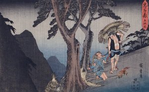 Akt V: Yoichibei, Okarus far, blir bestulen på pengarna från hennes försäljning till en bordell av Utagawa Hiroshige