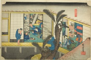 Akasaka: Waitresses at an Inn (Akasaka, ryosha shofu no zu), från serien "Fifty-three Stations of the Tokaido (Tokaido gojusan tsugi no uchi)," även känd som Hoeido Tokaido av Utagawa Hiroshige