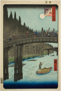 Placera m bok oya rds plan d living bri dge (ibashi bamboo river bank), från serien s ``Ridge part d re d fa net s view ws f Edo (berömd plats 100 vyer av Edo)