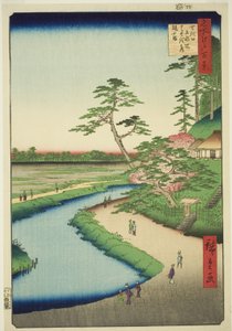 Bashos stuga på Camellia Hill bredvid akvedukten vid Sekiguchi (Sekiguchi josui-bata Bashoan Tsubakiyama), från serien "Hundra berömda vyer av Edo (Meisho Edo hyakkei)" av Utagawa Hiroshige