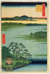 Benten Shrine, Inokashira Pond, från serien "One Hundred Famous Views of Edo", 1856 (träblock i färg)