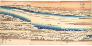 Berömda platser i den östra huvudstaden: Panoramavy över Sumidafloden i snö av Utagawa Hiroshige