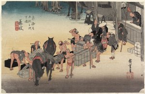 Byte av bärare och hästar, Fujieda, ca 1833