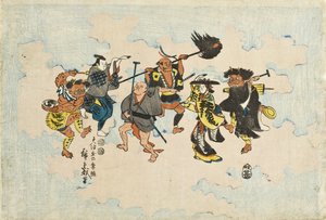 Gestalter ur Ōtsu-e-folkmålningar som dansar Bon-odori av Utagawa Hiroshige