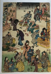 Karaktärer från pjäser i rollerna som köpmän och kunder, ur serien ”Det blomstrande Jōruri-distriktet” av Utagawa Hiroshige