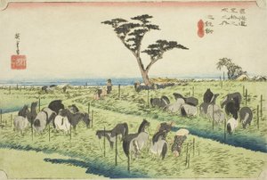 Chiryu: Early Summer Horse Market (Chiryu, shuka uma ichi), från serien "Fifty-three Stations of the Tokaido (Tokaido gojusan tsugi no uchi)," även känd som Hoeido Tokaido av Utagawa Hiroshige
