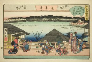 Kurtisaner som tittar på Cherry Blossoms på Horaitei Restaurant i Ikenohata (Ikenohata seiro hanami no yasumi, Horaitei), från serien "Famous Restaurants of Edo (Edo komei kaitei zukushi)" av Utagawa Hiroshige