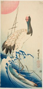 Trana, vågor och uppgående sol av Utagawa Hiroshige