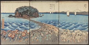 Folkmassor besöker Benzaiten-helgedomen i Enoshima i Sagamiprovinsen vid den särskilda visningen av Utagawa Hiroshige