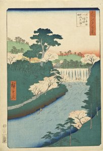 Damm i Otonashifloden vid Ōji, populärt känd som ”Stora vattenfallet” av Utagawa Hiroshige