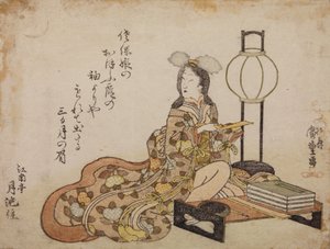 Hovdam vid ett bord och en lampa av Utagawa Hiroshige