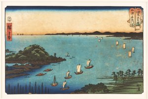 Hamnen vid Ajikawa i Settsu-provinsen, ur serien ”Sumobrottningsmatcher mellan berg och hav” av Utagawa Hiroshige
