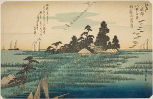 Nedfallande gäss vid Haneda (Haneda no rakugan), från serien "Eight Views in the Environs of Edo (Edo kinko hakkei no uchi)" av Utagawa Hiroshige