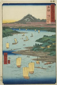 Dewa-provinsen: Mogami River and a Distant View of Mount Gassan (Dewa, Mogamigawa, Gassan enbo), från serien "Famous Places in the Sexty-odd Provinces (Rokujuyoshu meisho zue)" av Utagawa Hiroshige