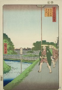 Distant View of Akasaka Reservoir from Kinokuni Slope (Kinokunizaka Akasaka Tameike enkei), from the series "One Hundred Famous Views of Edo (Meisho Edo hyakkei)"swedish av Utagawa Hiroshige