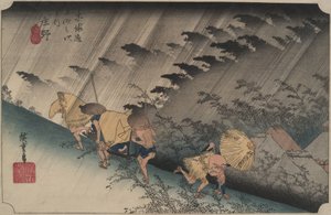 Piskande regn i Shōno, ur serien Tōkaidōs femtiotre stationer av Utagawa Hiroshige