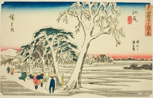 Ejiri: Distant View of Shimizu Harbour i klart väder efter snöfall (Ejiri, Shimizu no minato enbo, yukibare), från serien "Fifty-three Stations of the Tokaido (Tokaido gojusan tsugi no uchi)," även känd som Gyosho Tokaido av Utagawa Hiroshige