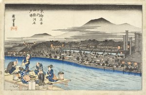 Njuter av kvällssvalkan i flodbädden vid Shijō av Utagawa Hiroshige