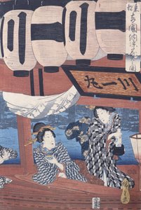 Enjoying the fireworks and the cool of the evening at Ryogoku bridge in the Eastern Capital av Utagawa Hiroshige