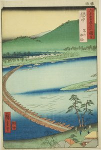 Etchu Province: Pontoon Bridge at Toyama (Etchu, Toyama funabashi), från serien "Famous Places in the Sexty-odd Provinces (Rokujuyoshu meisho zue)" av Utagawa Hiroshige