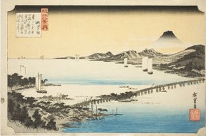 Evening Glow at Seta Bridge (Seta no sekisho), från serien "Eight Views of Omi (Omi hakkei no uchi)" av Utagawa Hiroshige