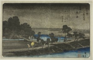 Evening Rain at Azuma Shrine (Azuma no mori yau), från serien "Eight Views in the Environs of Edo (Edo Kinko hakkei no uchi)" av Utagawa Hiroshige