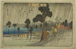 Evening Rain at Koizumi (Koizumi yau), från serien "Eight Views of Kanazawa (Kanazawa hakkei)" av Utagawa Hiroshige