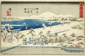 Evening Snow at Mimeguri, Eight Views of the Sumida River (Sumidagawa hakkei, Mimeguri bosetsu), från serien "Famous Places in the Eastern Capital (Toto meisho no uchi)" av Utagawa Hiroshige