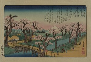 Kvällsglöd vid Koganei Bridge. Från serien Eight views in the environs of Edo, 1838. av Utagawa Hiroshige