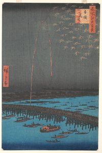 Fyrverkerier vid Ryogoku Bridge, 1858 (träblock i färg)