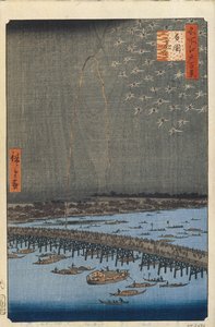 Fyrverkerier vid Ryogoku Bridge Hundra berömda vyer av Edo, 1856-1858 av Utagawa Hiroshige