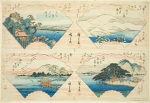 Fyra vyer från serien Eight Views of Omi (Omi Hakkei) av Utagawa Hiroshige