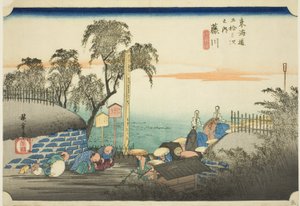 Fujikawa: View of Post Outskirts (Fujikawa, bohana no zu), från serien "Fifty-three Stations of the Tokaido (Tokaido gojusan tsugi no uchi)," även känd som Hoeido Tokaido av Utagawa Hiroshige