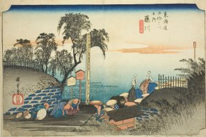 Fujikawa: View of Post Outskirts (Fujikawa, bohana no zu), från serien "Fifty-three Stations of the Tokaido (Tokaido gojusan tsugi no uchi)," även känd som Hoeido Tokaido av Utagawa Hiroshige