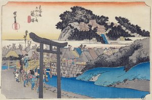 Fujisawa: Ji-sektens Yugyo-ji, eller Shojoko-ji, buddhistiska tempel, från serien "Fifty-three Stations on the Tokaido", ca 1834-35 (träblock i färg)