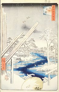 Fukagawa Lumberyards, nr 106 från One Hundred famous views of Edo, 1856 (träblocksfärgtryck) av Utagawa Hiroshige