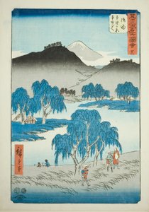 Goyu: Motono Plain och Motosaka Pass (Goyu, Motonogahara Motozaka goe), nr 36 från serien "Famous Sights of the Fifty-three Stations (Gojusan tsugi meisho zue)," även känd som Vertical Tokaido av Utagawa Hiroshige