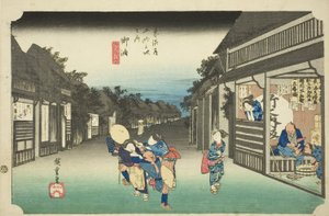 Goyu: Women Stopping Traveler (Goyu, tabibito tomeru onna), från serien "Fifty-three Stations of the Tokaido (Tokaido gojusan tsugi no uchi)," även känd som Hoeido Tokaido av Utagawa Hiroshige