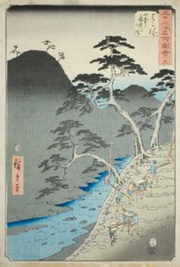 Hakone: Nattprocession i bergen (Hakone, sanchu yagyo no zu), nr. 11 från serien "Famous Sights of the Fifty-three Stations (Gojusan tsugi meisho zue)," även känd som Vertical Tokaido av Utagawa Hiroshige