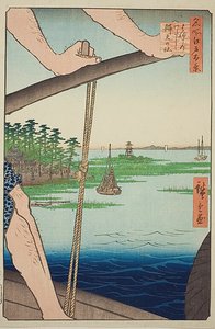 Haneda Ferry och Benten Shrine (Haneda no watashi Benten no yashiro), nr 72 från serien "Hundra berömda vyer av Edo (Meisho Edo hyakkei)" av Utagawa Hiroshige